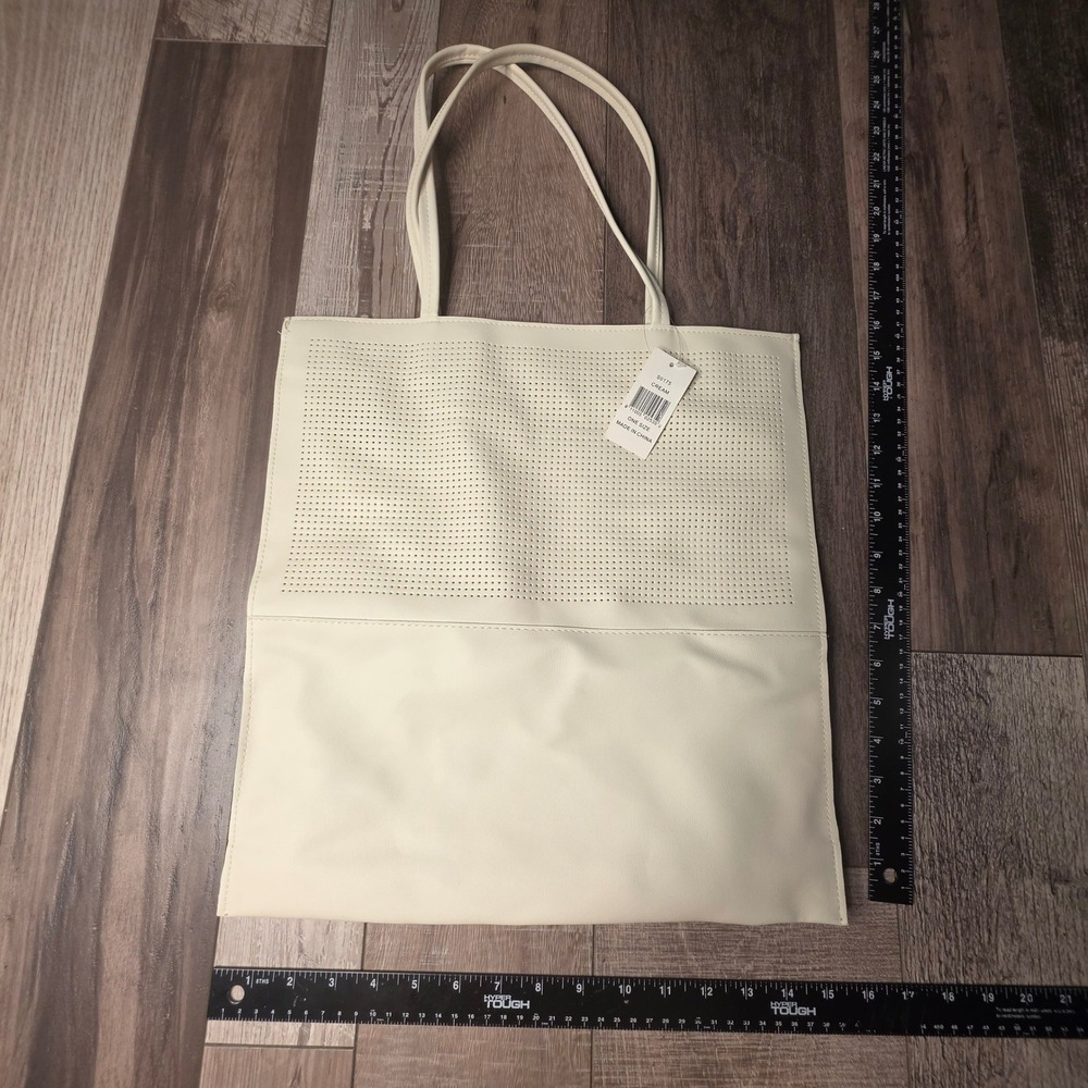 Saks Fifth Avenue Cream Perforated Vegan Leather Tote Bag Minimalist NWT